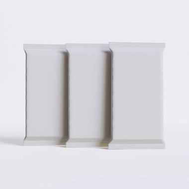 Beyaz arkaplandaki 3B resimleme üzerine gerçekçi abur cubur paketleme beyaz rengi