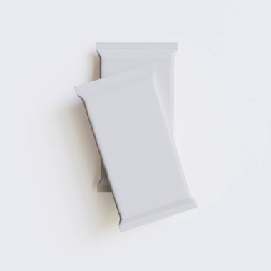 Beyaz arkaplandaki 3B resimleme üzerine gerçekçi abur cubur paketleme beyaz rengi