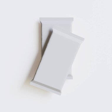 Beyaz arkaplandaki 3B resimleme üzerine gerçekçi abur cubur paketleme beyaz rengi