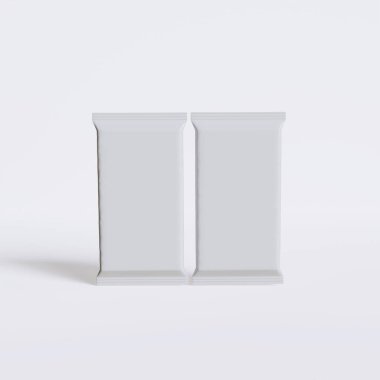 Beyaz arkaplandaki 3B resimleme üzerine gerçekçi abur cubur paketleme beyaz rengi