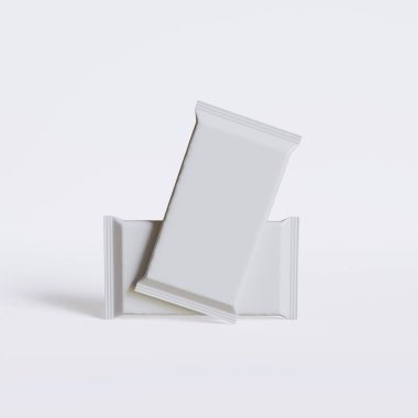 Beyaz arkaplandaki 3B resimleme üzerine gerçekçi abur cubur paketleme beyaz rengi