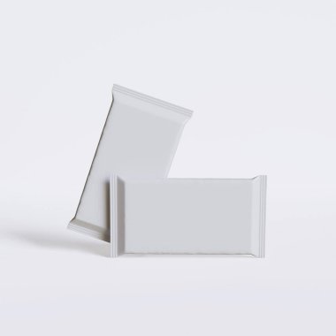 Beyaz arkaplandaki 3B resimleme üzerine gerçekçi abur cubur paketleme beyaz rengi