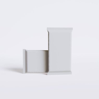 Beyaz arkaplandaki 3B resimleme üzerine gerçekçi abur cubur paketleme beyaz rengi