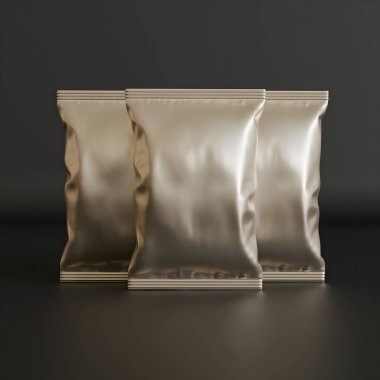 Patates kızartması ve benzeri şeyler için gerçekçi atıştırmalıklar. Siyah arkaplan görüntülemesindeki parlak ve folyo dokusu 3B resimleme