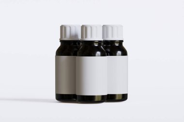 İlaç, hap veya takviye için ambalaj şişesi siyah renk ve beyaz boş etiket, kozmetik, kimyasal ve beyaz arka planda vb.