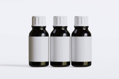 İlaç, hap veya takviye için ambalaj şişesi siyah renk ve beyaz boş etiket, kozmetik, kimyasal ve beyaz arka planda vb.