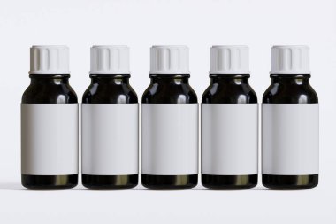 İlaç, hap veya takviye için ambalaj şişesi siyah renk ve beyaz boş etiket, kozmetik, kimyasal ve beyaz arka planda vb.