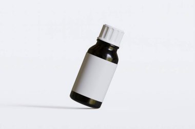 İlaç, hap veya takviye için ambalaj şişesi siyah renk ve beyaz boş etiket, kozmetik, kimyasal ve beyaz arka planda vb.