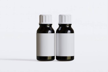 İlaç, hap veya takviye için ambalaj şişesi siyah renk ve beyaz boş etiket, kozmetik, kimyasal ve beyaz arka planda vb.