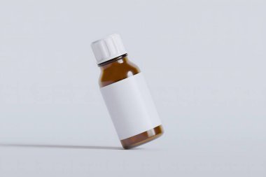 İlaç, hap veya takviye için ambalaj şişesi kahverengi ve beyaz boş etiket, kozmetik, kimyasal ve beyaz arka planda vb.