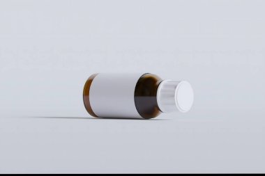 İlaç, hap veya takviye için ambalaj şişesi kahverengi ve beyaz boş etiket, kozmetik, kimyasal ve beyaz arka planda vb.