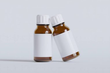 İlaç, hap veya takviye için ambalaj şişesi kahverengi ve beyaz boş etiket, kozmetik, kimyasal ve beyaz arka planda vb.