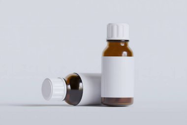 İlaç, hap veya takviye için ambalaj şişesi kahverengi ve beyaz boş etiket, kozmetik, kimyasal ve beyaz arka planda vb.