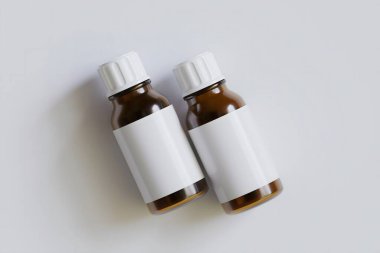 İlaç, hap veya takviye için ambalaj şişesi kahverengi ve beyaz boş etiket, kozmetik, kimyasal ve beyaz arka planda vb.