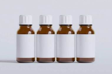 İlaç, hap veya takviye için ambalaj şişesi kahverengi ve beyaz boş etiket, kozmetik, kimyasal ve beyaz arka planda vb.