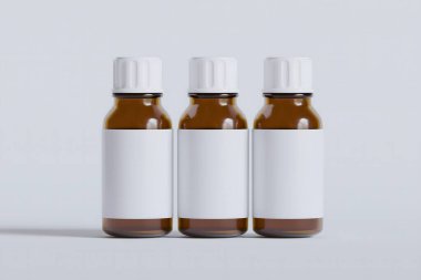 İlaç, hap veya takviye için ambalaj şişesi kahverengi ve beyaz boş etiket, kozmetik, kimyasal ve beyaz arka planda vb.