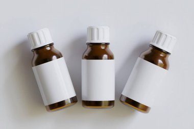 İlaç, hap veya takviye için ambalaj şişesi kahverengi ve beyaz boş etiket, kozmetik, kimyasal ve beyaz arka planda vb.
