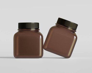 Kare hap ya da takviye şişesi kahverengi ve siyah kapaklı beyaz arka plan