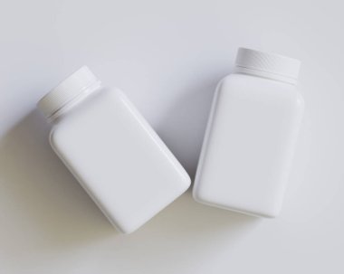 Gri arka planda hap ya da takviye şişesi ve kare tarzı üretim