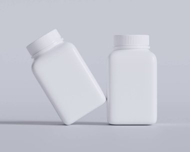 Gri arka planda hap ya da takviye şişesi ve kare tarzı üretim