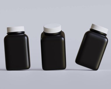 Kare hap şişesi siyah renk ve gri arka planda beyaz başlık