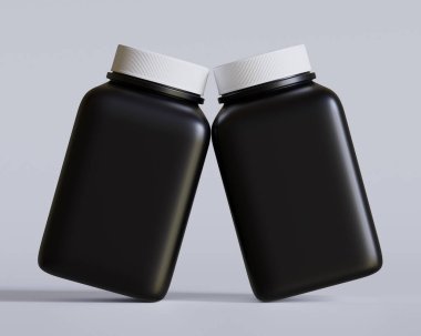 Kare hap şişesi siyah renk ve gri arka planda beyaz başlık