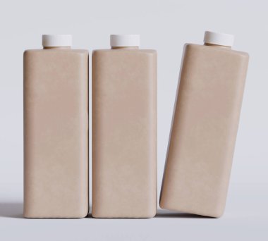 Boş Kahverengi Kare Plastik Şişe Gri arkaplanda Lid izole edilmiş, 3D illüstrasyon