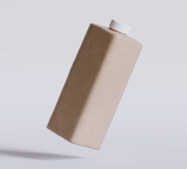 Boş Kahverengi Kare Plastik Şişe Gri arkaplanda Lid izole edilmiş, 3D illüstrasyon