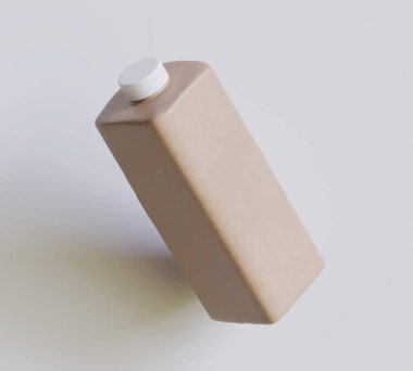 Boş Kahverengi Kare Plastik Şişe Gri arkaplanda Lid izole edilmiş, 3D illüstrasyon