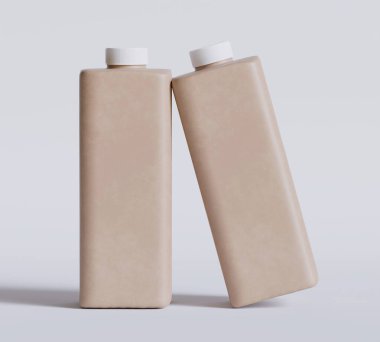 Boş Kahverengi Kare Plastik Şişe Gri arkaplanda Lid izole edilmiş, 3D illüstrasyon