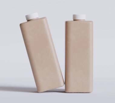 Boş Kahverengi Kare Plastik Şişe Gri arkaplanda Lid izole edilmiş, 3D illüstrasyon