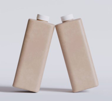 Boş Kahverengi Kare Plastik Şişe Gri arkaplanda Lid izole edilmiş, 3D illüstrasyon