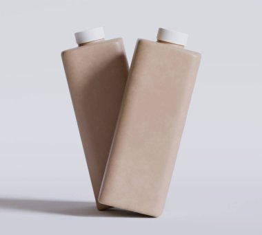 Boş Kahverengi Kare Plastik Şişe Gri arkaplanda Lid izole edilmiş, 3D illüstrasyon