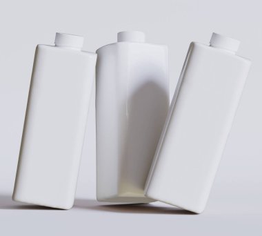 İçecek suyu, süt ambalajı için beyaz plastik ya da karton şablon. 3B illüstrasyon