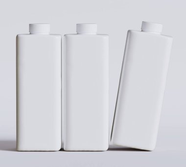 İçecek suyu, süt ambalajı için beyaz plastik ya da karton şablon. 3B illüstrasyon