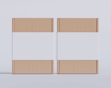 Gri arkaplanda beyaz etiketli kahverengi karton kutular