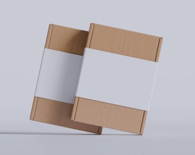 Gri arkaplanda beyaz etiketli kahverengi karton kutular