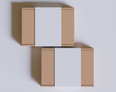 Gri arkaplanda beyaz etiketli kahverengi karton kutular