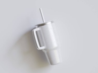 Paslanmaz çelik bardak. Gri arka planda izole kapağı olan seyahat kupası için beyaz renkli gerçekçi doku. 3d illüstrasyon