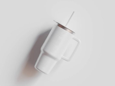 Paslanmaz çelik bardak. Gri arka planda izole kapağı olan seyahat kupası için beyaz renkli gerçekçi doku. 3d illüstrasyon