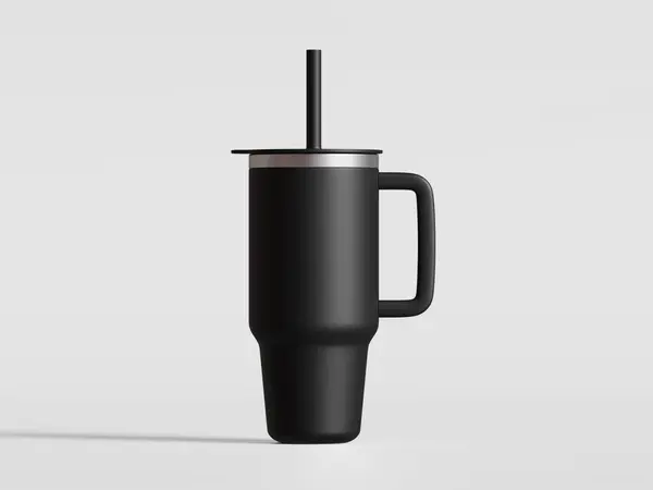 Seyahat kupası için paslanmaz çelik bardak siyah renkli ve kapağı beyaz arka planda izole. 3d illüstrasyon
