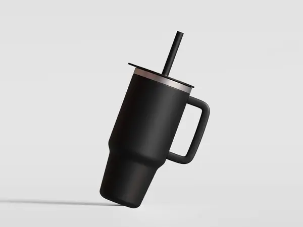 Seyahat kupası için paslanmaz çelik bardak siyah renkli ve kapağı beyaz arka planda izole. 3d illüstrasyon