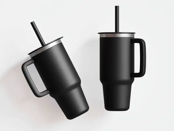 Seyahat kupası için paslanmaz çelik bardak siyah renkli ve kapağı beyaz arka planda izole. 3d illüstrasyon