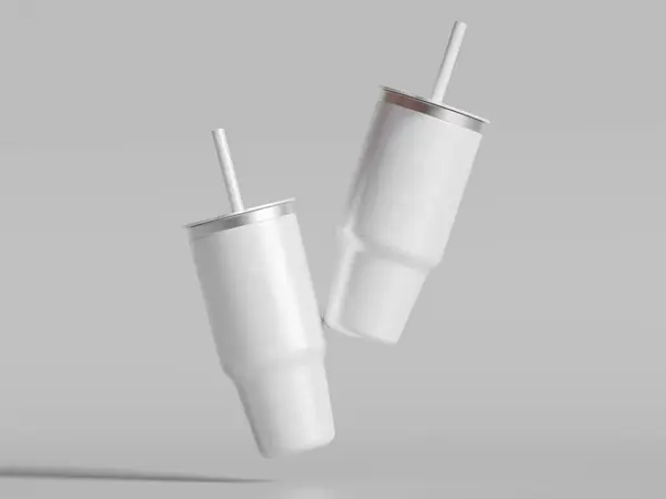 Paslanmaz çelik bardak. Gri arka planda izole kapağı olan seyahat kupası için beyaz renkli gerçekçi doku. 3d illüstrasyon