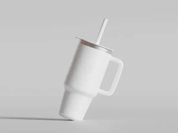 Paslanmaz çelik bardak. Gri arka planda izole kapağı olan seyahat kupası için beyaz renkli gerçekçi doku. 3d illüstrasyon