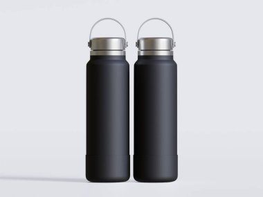 Gri arkaplanda siyah yeniden kullanılabilir su şişesi gerçekçi görüntüsü