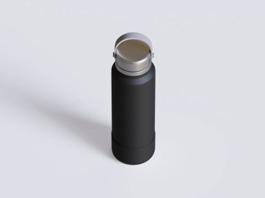 Gri arkaplanda siyah yeniden kullanılabilir su şişesi gerçekçi görüntüsü