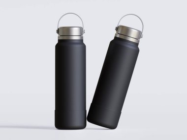 Gri arkaplanda siyah yeniden kullanılabilir su şişesi gerçekçi görüntüsü