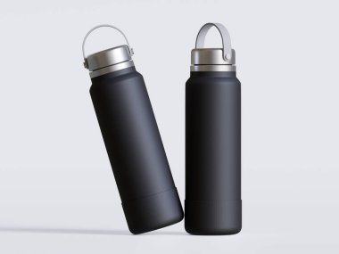 Gri arkaplanda siyah yeniden kullanılabilir su şişesi gerçekçi görüntüsü
