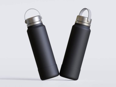 Gri arkaplanda siyah yeniden kullanılabilir su şişesi gerçekçi görüntüsü